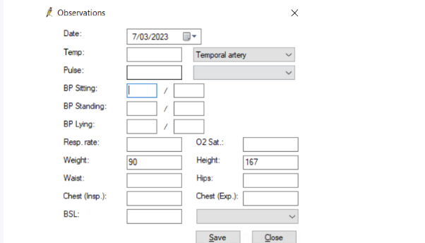 The observations screen in clinical software where height and weight are recorded